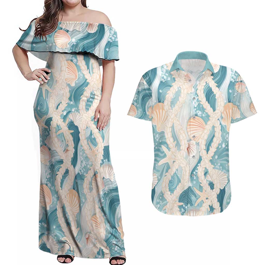 Hawaii Lei Seashells Starfish Couples Matching Off Shoulder Maxi Dress and Hawaiian Shirt Fresh Summer Vibe LT01 Blue - Polynesian Pride