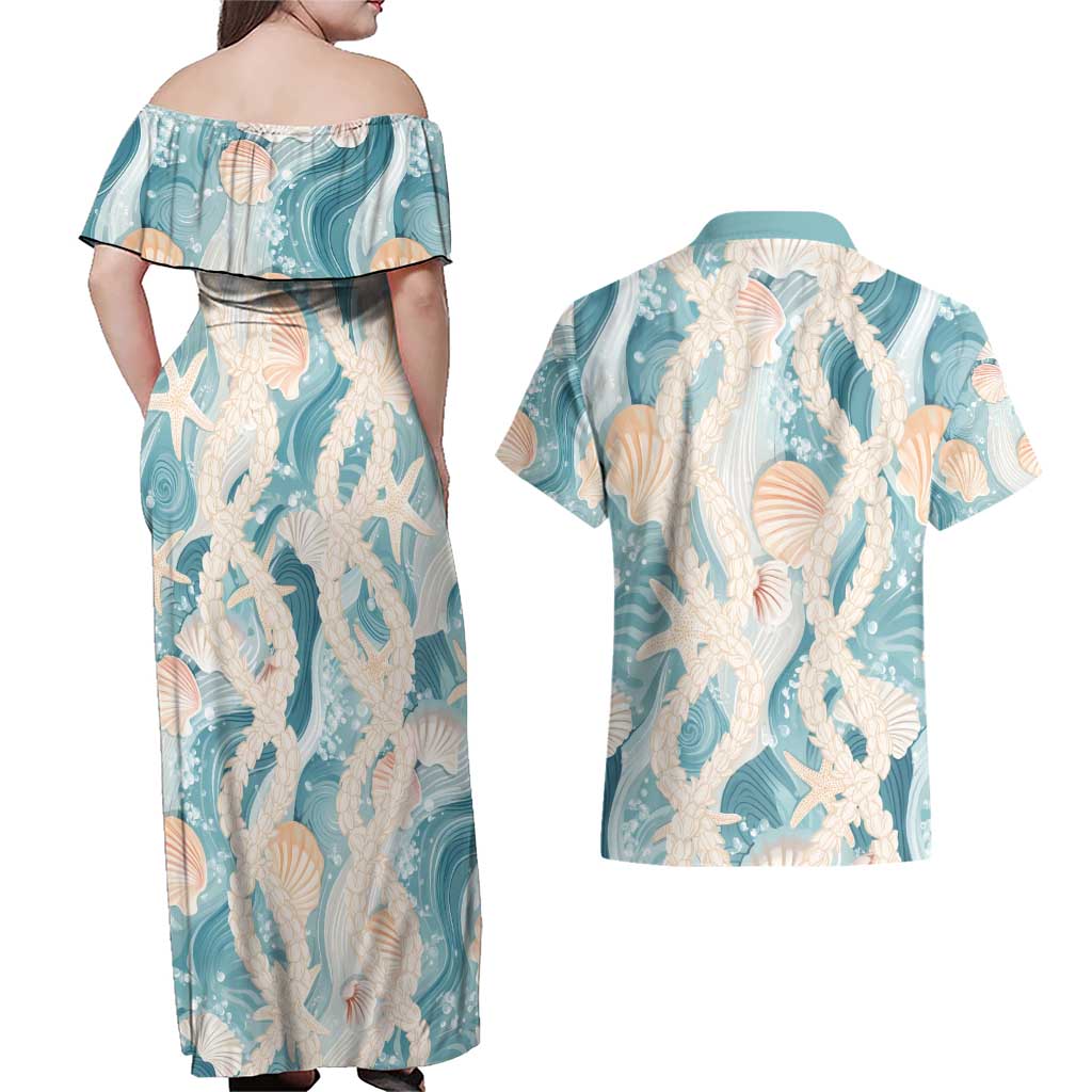 Hawaii Lei Seashells Starfish Couples Matching Off Shoulder Maxi Dress and Hawaiian Shirt Fresh Summer Vibe LT01 - Polynesian Pride
