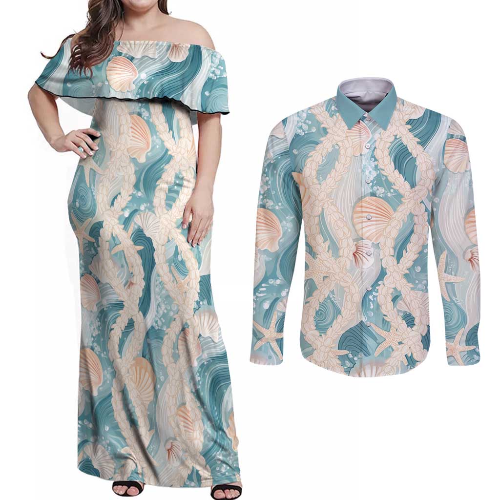 Hawaii Lei Seashells Starfish Couples Matching Off Shoulder Maxi Dress and Long Sleeve Button Shirt Fresh Summer Vibe LT01 Blue - Polynesian Pride