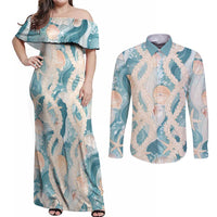Hawaii Lei Seashells Starfish Couples Matching Off Shoulder Maxi Dress and Long Sleeve Button Shirt Fresh Summer Vibe LT01 Blue - Polynesian Pride