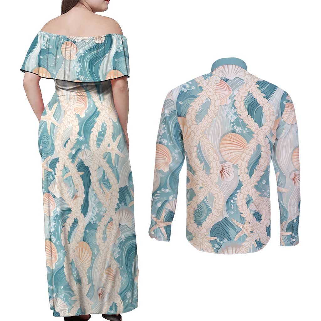 Hawaii Lei Seashells Starfish Couples Matching Off Shoulder Maxi Dress and Long Sleeve Button Shirt Fresh Summer Vibe LT01 - Polynesian Pride