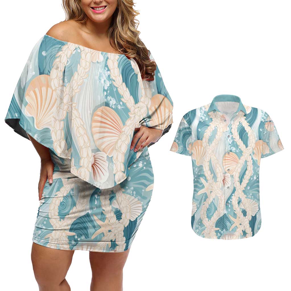 Hawaii Lei Seashells Starfish Couples Matching Off Shoulder Short Dress and Hawaiian Shirt Fresh Summer Vibe LT01 Blue - Polynesian Pride
