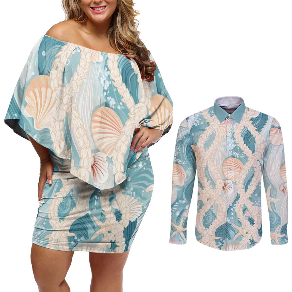 Hawaii Lei Seashells Starfish Couples Matching Off Shoulder Short Dress and Long Sleeve Button Shirt Fresh Summer Vibe LT01 Blue - Polynesian Pride