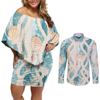 Hawaii Lei Seashells Starfish Couples Matching Off Shoulder Short Dress and Long Sleeve Button Shirt Fresh Summer Vibe LT01 Blue - Polynesian Pride