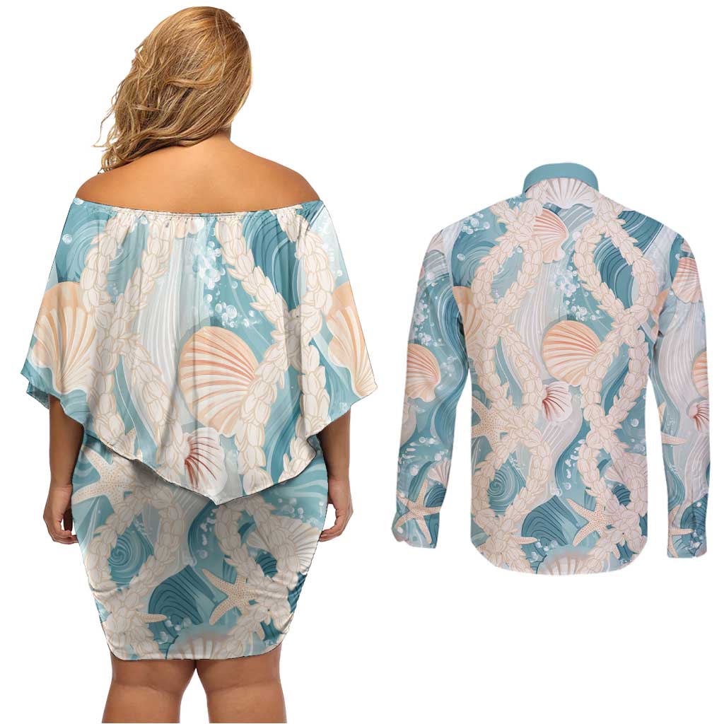 Hawaii Lei Seashells Starfish Couples Matching Off Shoulder Short Dress and Long Sleeve Button Shirt Fresh Summer Vibe LT01 - Polynesian Pride