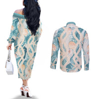 Hawaii Lei Seashells Starfish Couples Matching Off The Shoulder Long Sleeve Dress and Long Sleeve Button Shirt Fresh Summer Vibe LT01 - Polynesian Pride