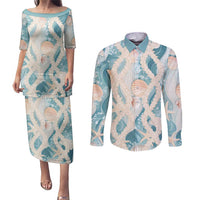 Hawaii Lei Seashells Starfish Couples Matching Puletasi and Long Sleeve Button Shirt Fresh Summer Vibe LT01 Blue - Polynesian Pride