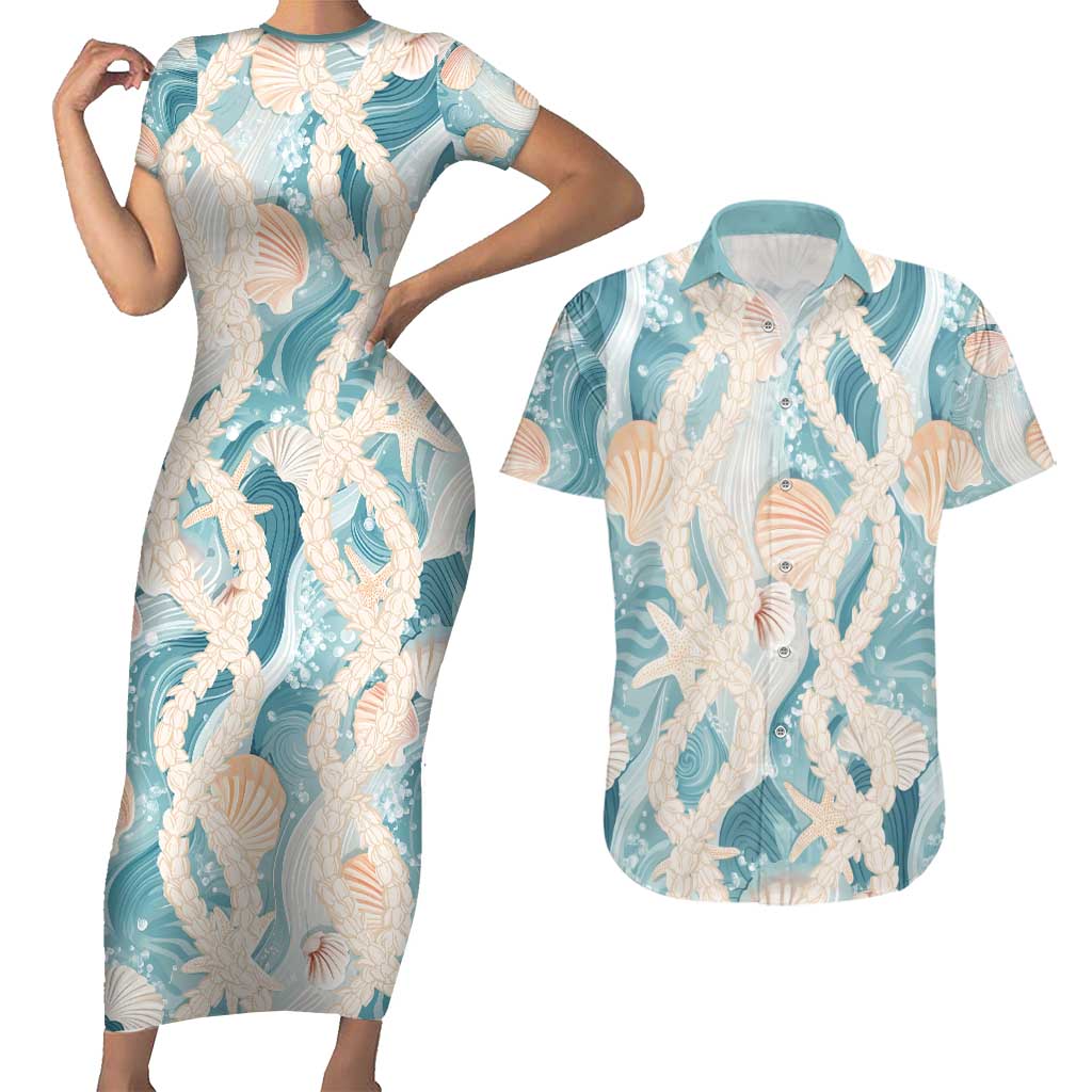 Hawaii Lei Seashells Starfish Couples Matching Short Sleeve Bodycon Dress and Hawaiian Shirt Fresh Summer Vibe LT01 Blue - Polynesian Pride