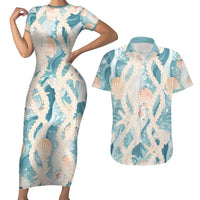 Hawaii Lei Seashells Starfish Couples Matching Short Sleeve Bodycon Dress and Hawaiian Shirt Fresh Summer Vibe LT01 Blue - Polynesian Pride