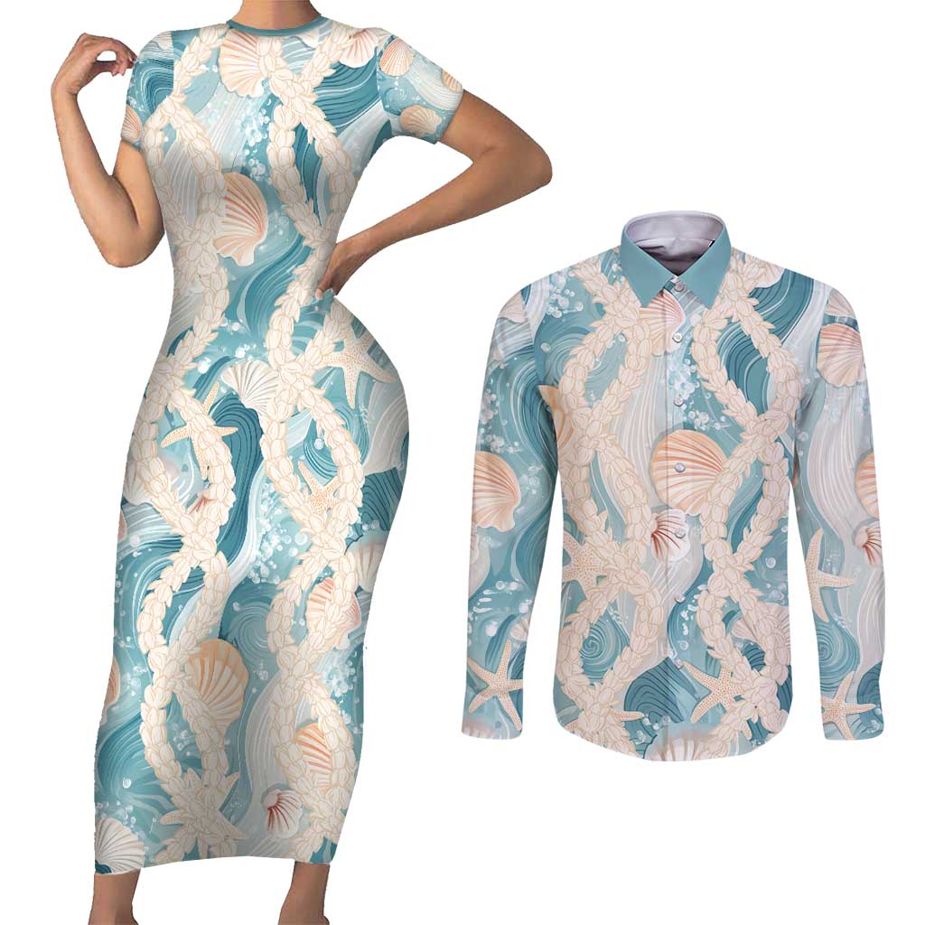 Hawaii Lei Seashells Starfish Couples Matching Short Sleeve Bodycon Dress and Long Sleeve Button Shirt Fresh Summer Vibe LT01 Blue - Polynesian Pride