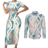 Hawaii Lei Seashells Starfish Couples Matching Short Sleeve Bodycon Dress and Long Sleeve Button Shirt Fresh Summer Vibe LT01 Blue - Polynesian Pride