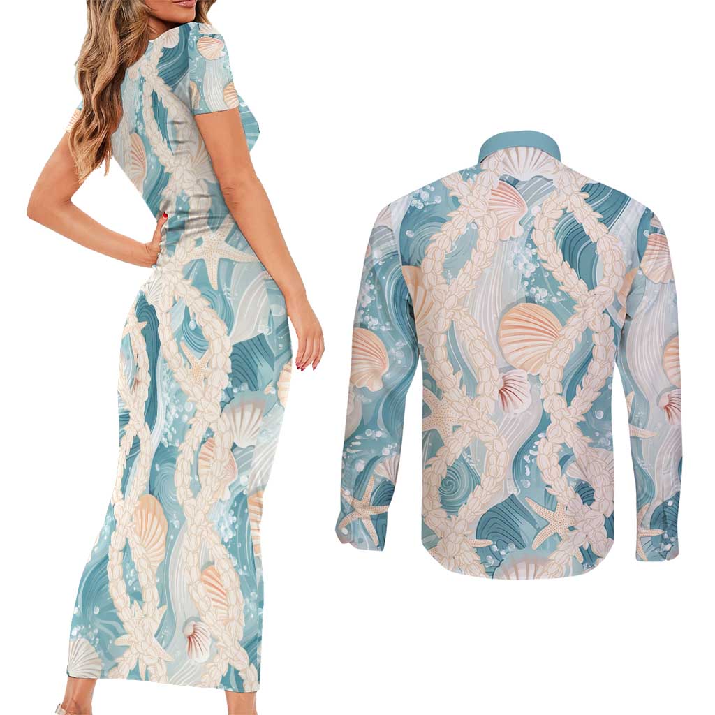 Hawaii Lei Seashells Starfish Couples Matching Short Sleeve Bodycon Dress and Long Sleeve Button Shirt Fresh Summer Vibe LT01 - Polynesian Pride