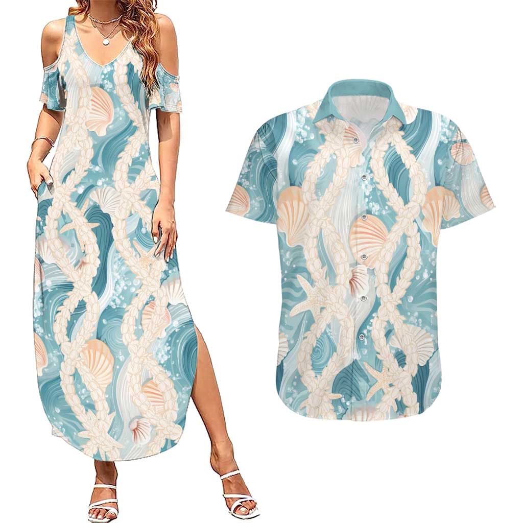 Hawaii Lei Seashells Starfish Couples Matching Summer Maxi Dress and Hawaiian Shirt Fresh Summer Vibe LT01 Blue - Polynesian Pride