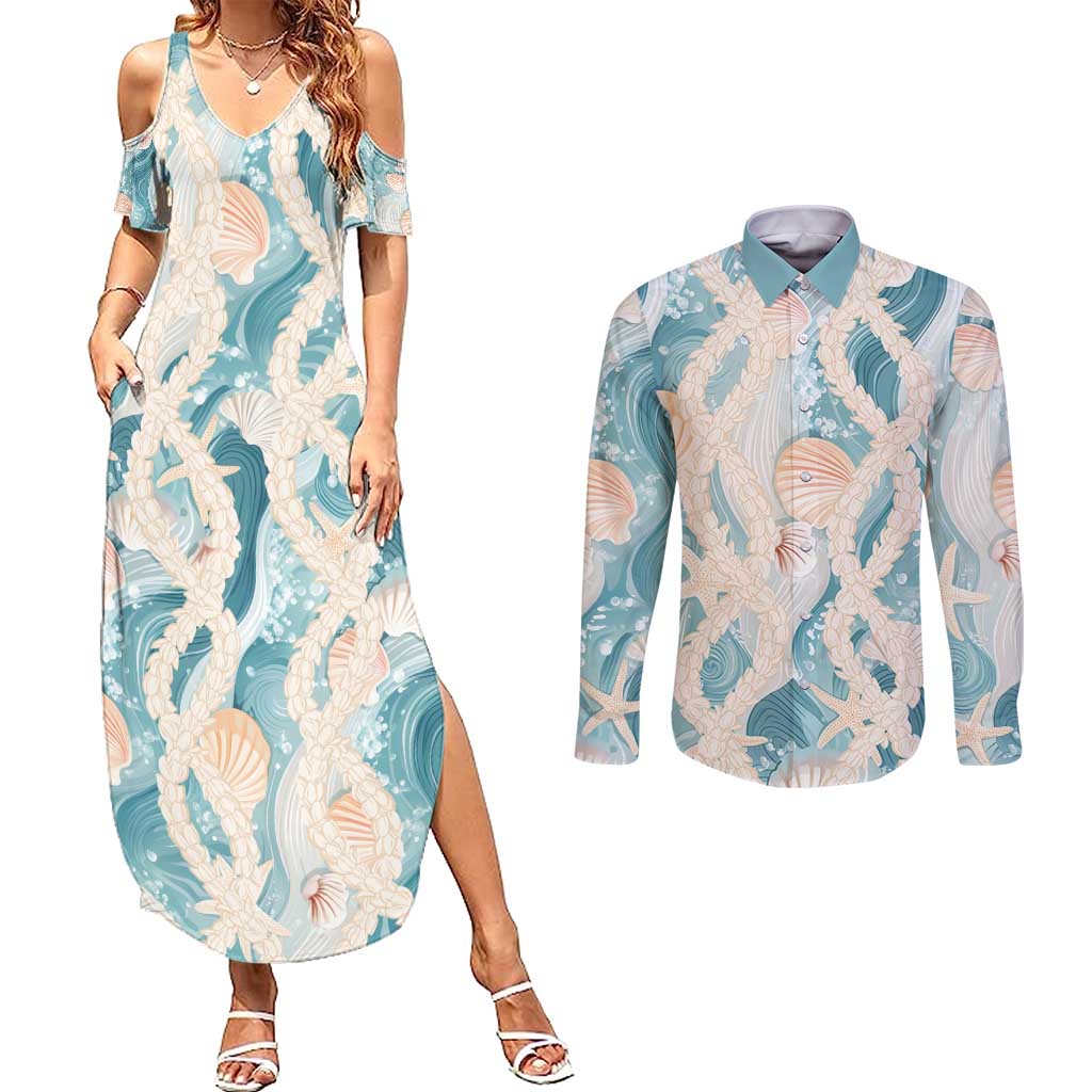 Hawaii Lei Seashells Starfish Couples Matching Summer Maxi Dress and Long Sleeve Button Shirt Fresh Summer Vibe LT01 Blue - Polynesian Pride