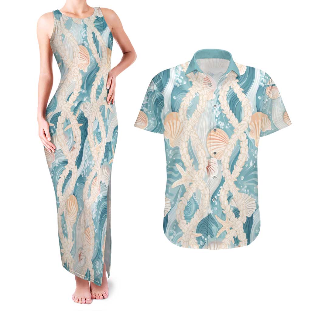 Hawaii Lei Seashells Starfish Couples Matching Tank Maxi Dress and Hawaiian Shirt Fresh Summer Vibe LT01 Blue - Polynesian Pride