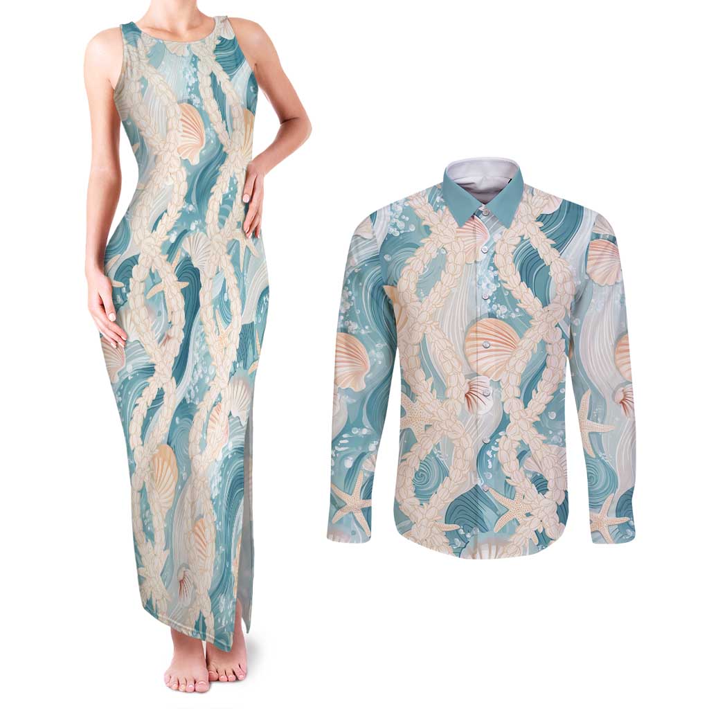 Hawaii Lei Seashells Starfish Couples Matching Tank Maxi Dress and Long Sleeve Button Shirt Fresh Summer Vibe LT01 Blue - Polynesian Pride