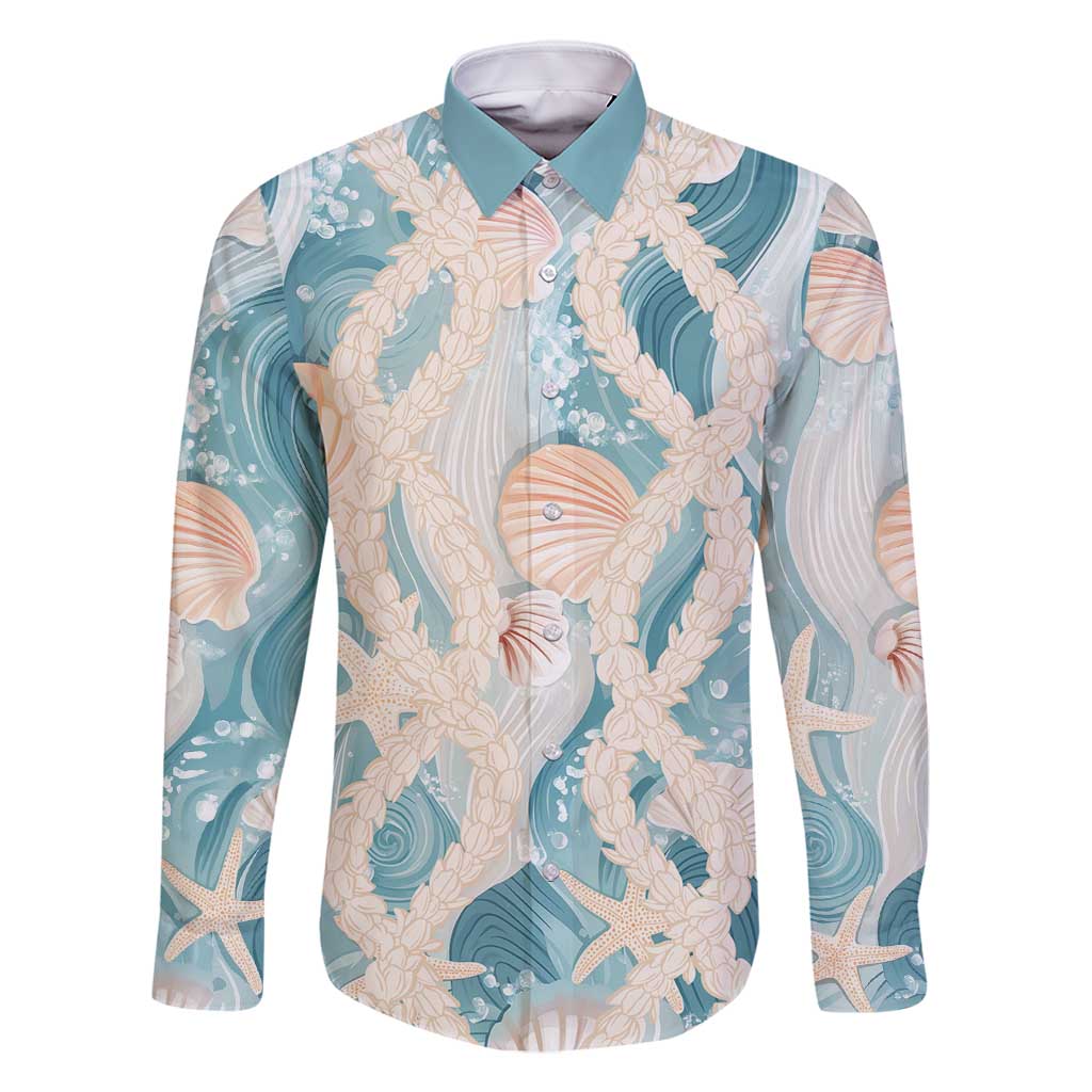 Hawaii Lei Seashells Starfish Family Matching Off Shoulder Maxi Dress and Hawaiian Shirt Fresh Summer Vibe LT01 Dad's Shirt - Long Sleeve Blue - Polynesian Pride