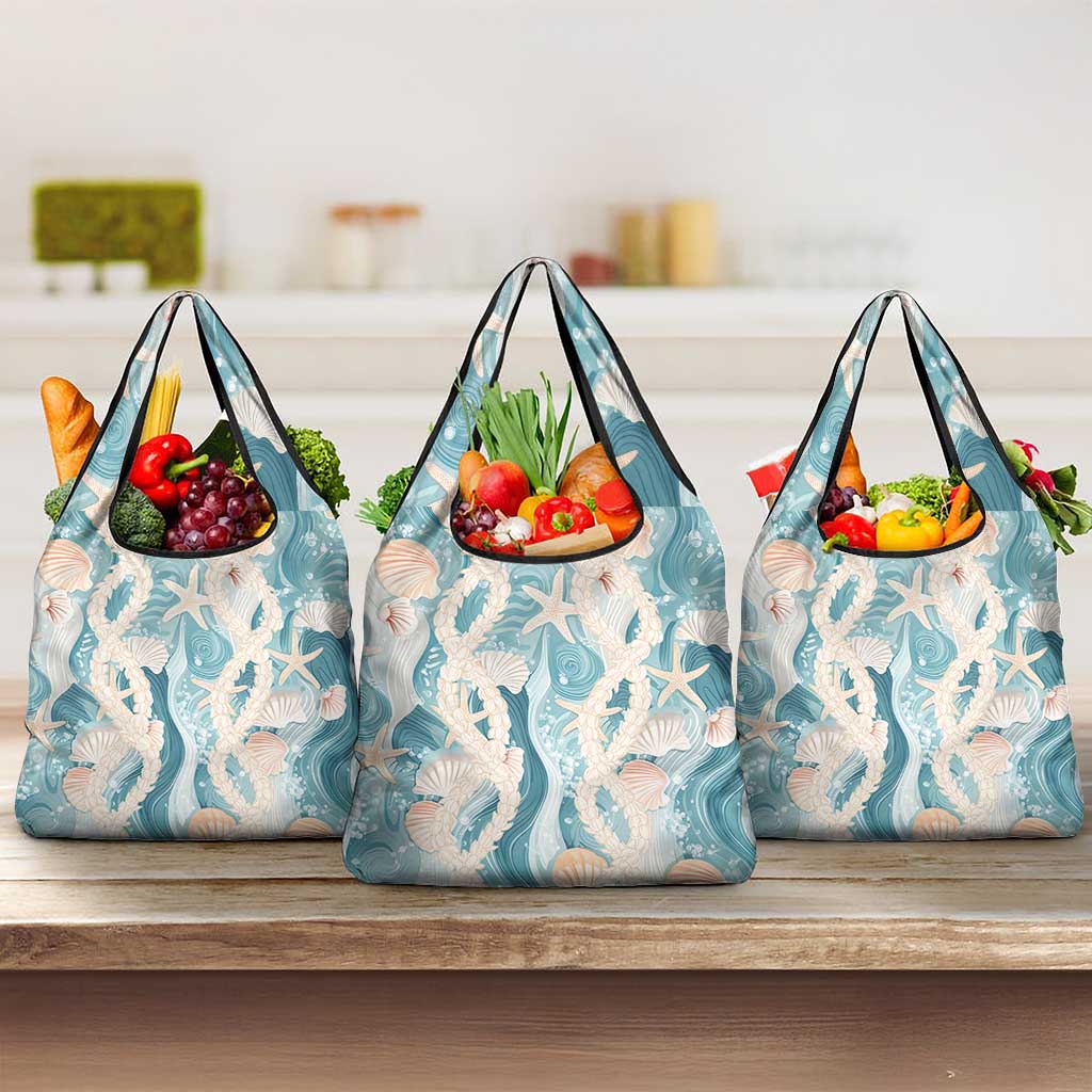 Hawaii Lei Seashells Starfish Grocery Bag Fresh Summer Vibe LT01 3-pack One Size Blue - Polynesian Pride