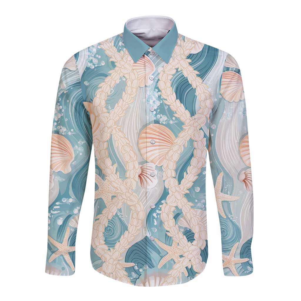 Hawaii Lei Seashells Starfish Long Sleeve Button Shirt Fresh Summer Vibe LT01 Unisex Blue - Polynesian Pride