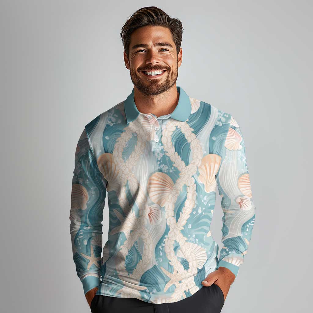 Hawaii Lei Seashells Starfish Long Sleeve Polo Shirt Fresh Summer Vibe - Polynesian Pride