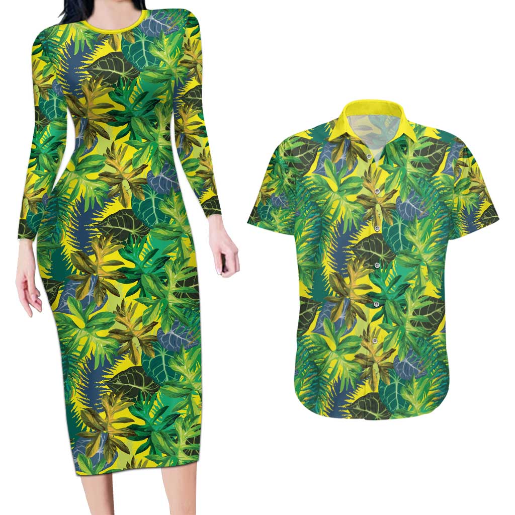 Hawaii Summer Tropical Leaves Couples Matching Long Sleeve Bodycon Dress and Hawaiian Shirt LT01 Yellow - Polynesian Pride