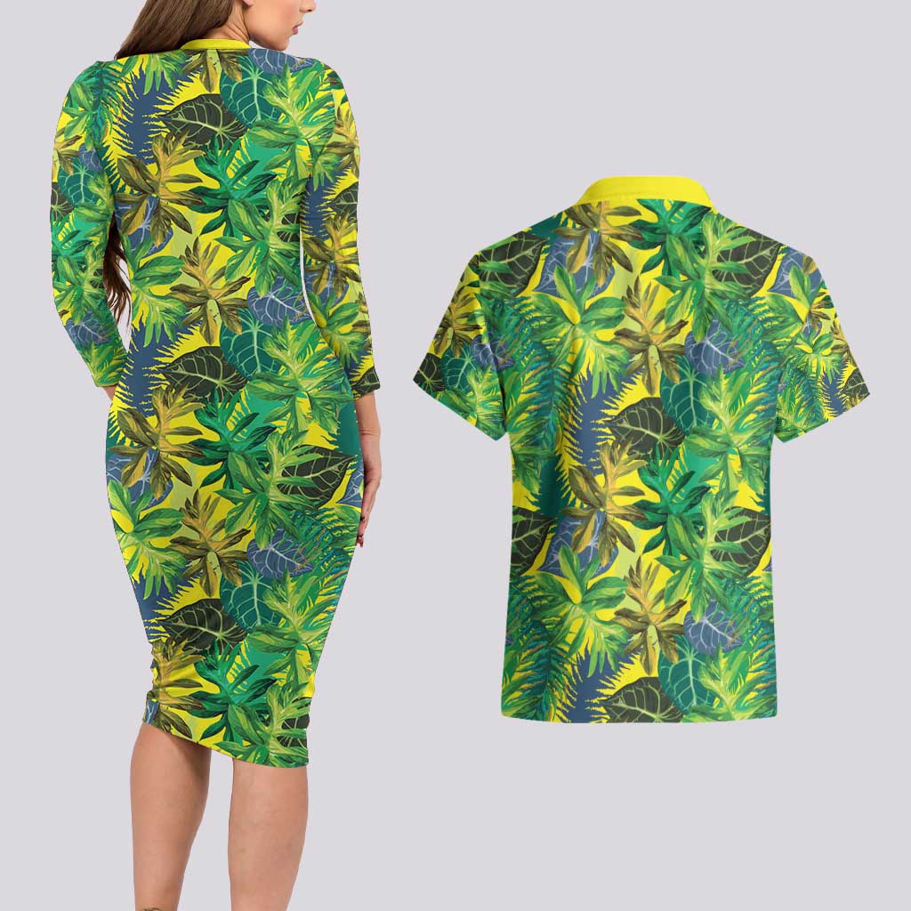 Hawaii Summer Tropical Leaves Couples Matching Long Sleeve Bodycon Dress and Hawaiian Shirt - Polynesian Pride