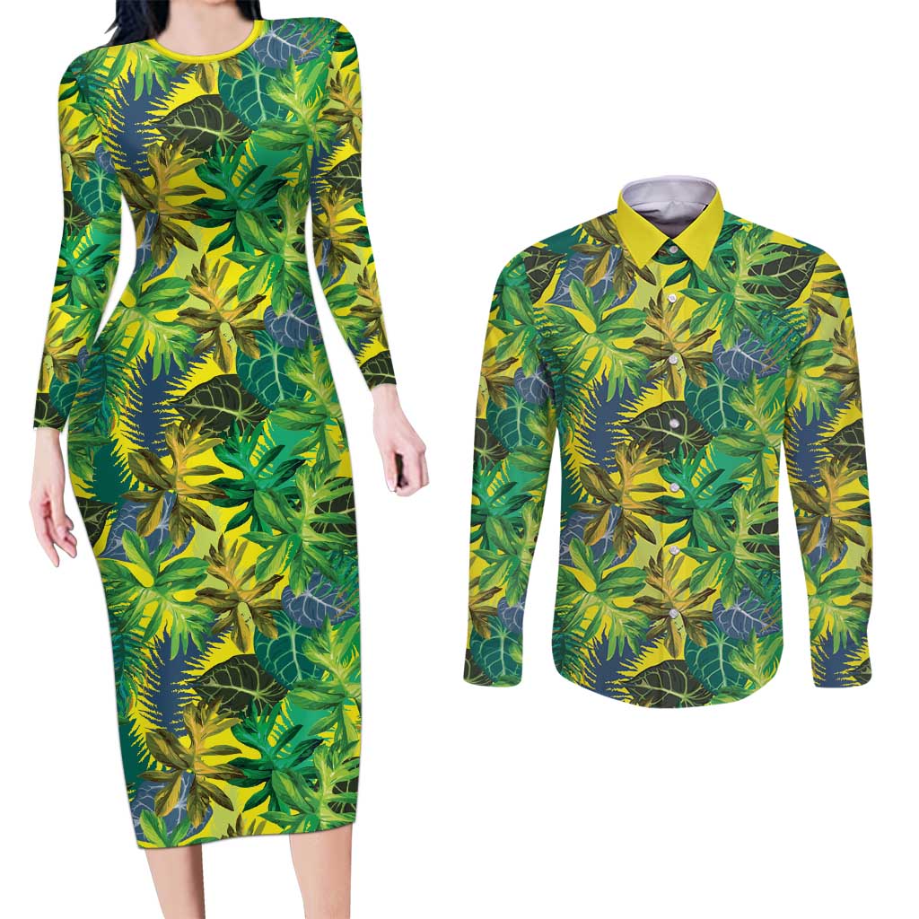 Hawaii Summer Tropical Leaves Couples Matching Long Sleeve Bodycon Dress and Long Sleeve Button Shirt LT01 Yellow - Polynesian Pride