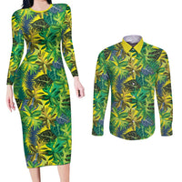 Hawaii Summer Tropical Leaves Couples Matching Long Sleeve Bodycon Dress and Long Sleeve Button Shirt LT01 Yellow - Polynesian Pride