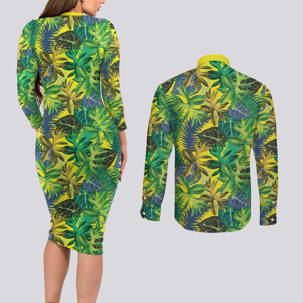 Hawaii Summer Tropical Leaves Couples Matching Long Sleeve Bodycon Dress and Long Sleeve Button Shirt LT01 - Polynesian Pride