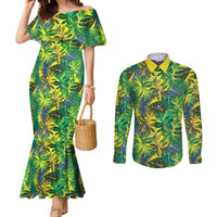 Hawaii Summer Tropical Leaves Couples Matching Mermaid Dress and Long Sleeve Button Shirt LT01 Yellow - Polynesian Pride