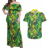 Hawaii Summer Tropical Leaves Couples Matching Off Shoulder Maxi Dress and Hawaiian Shirt LT01 Yellow - Polynesian Pride