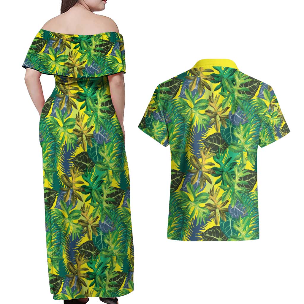 Hawaii Summer Tropical Leaves Couples Matching Off Shoulder Maxi Dress and Hawaiian Shirt LT01 - Polynesian Pride
