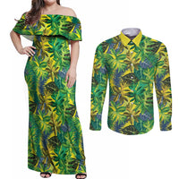 Hawaii Summer Tropical Leaves Couples Matching Off Shoulder Maxi Dress and Long Sleeve Button Shirt LT01 Yellow - Polynesian Pride