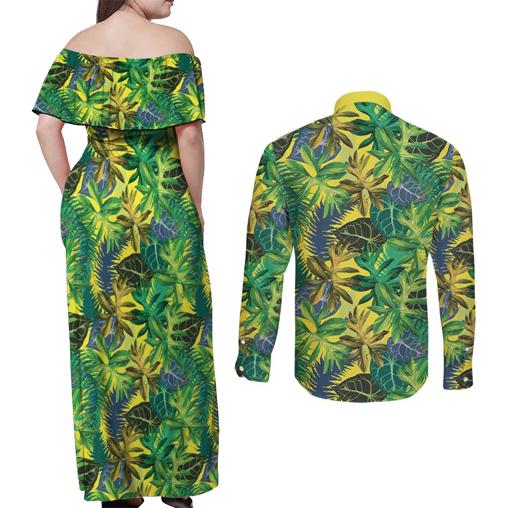 Hawaii Summer Tropical Leaves Couples Matching Off Shoulder Maxi Dress and Long Sleeve Button Shirt LT01 - Polynesian Pride