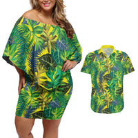 Hawaii Summer Tropical Leaves Couples Matching Off Shoulder Short Dress and Hawaiian Shirt LT01 Yellow - Polynesian Pride
