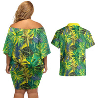 Hawaii Summer Tropical Leaves Couples Matching Off Shoulder Short Dress and Hawaiian Shirt LT01 - Polynesian Pride