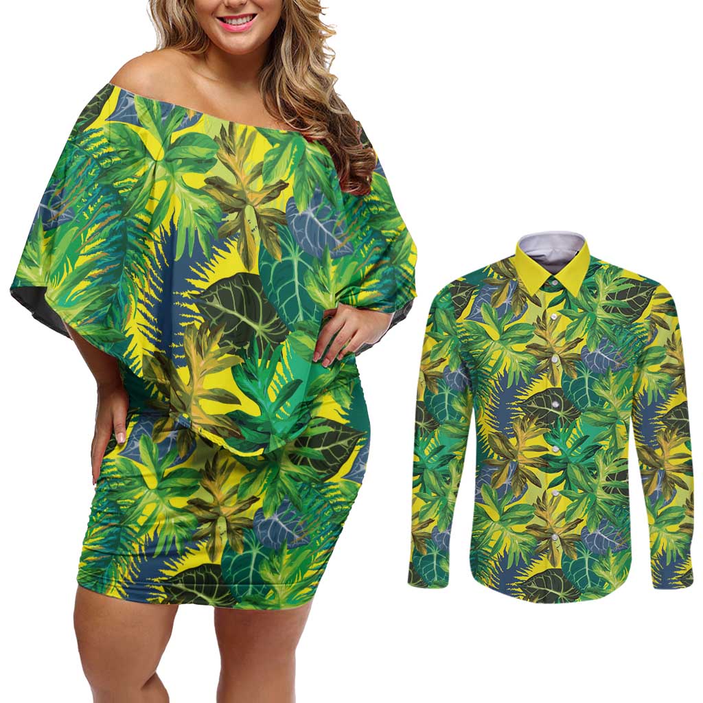 Hawaii Summer Tropical Leaves Couples Matching Off Shoulder Short Dress and Long Sleeve Button Shirt LT01 Yellow - Polynesian Pride