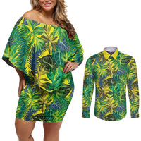 Hawaii Summer Tropical Leaves Couples Matching Off Shoulder Short Dress and Long Sleeve Button Shirt LT01 Yellow - Polynesian Pride