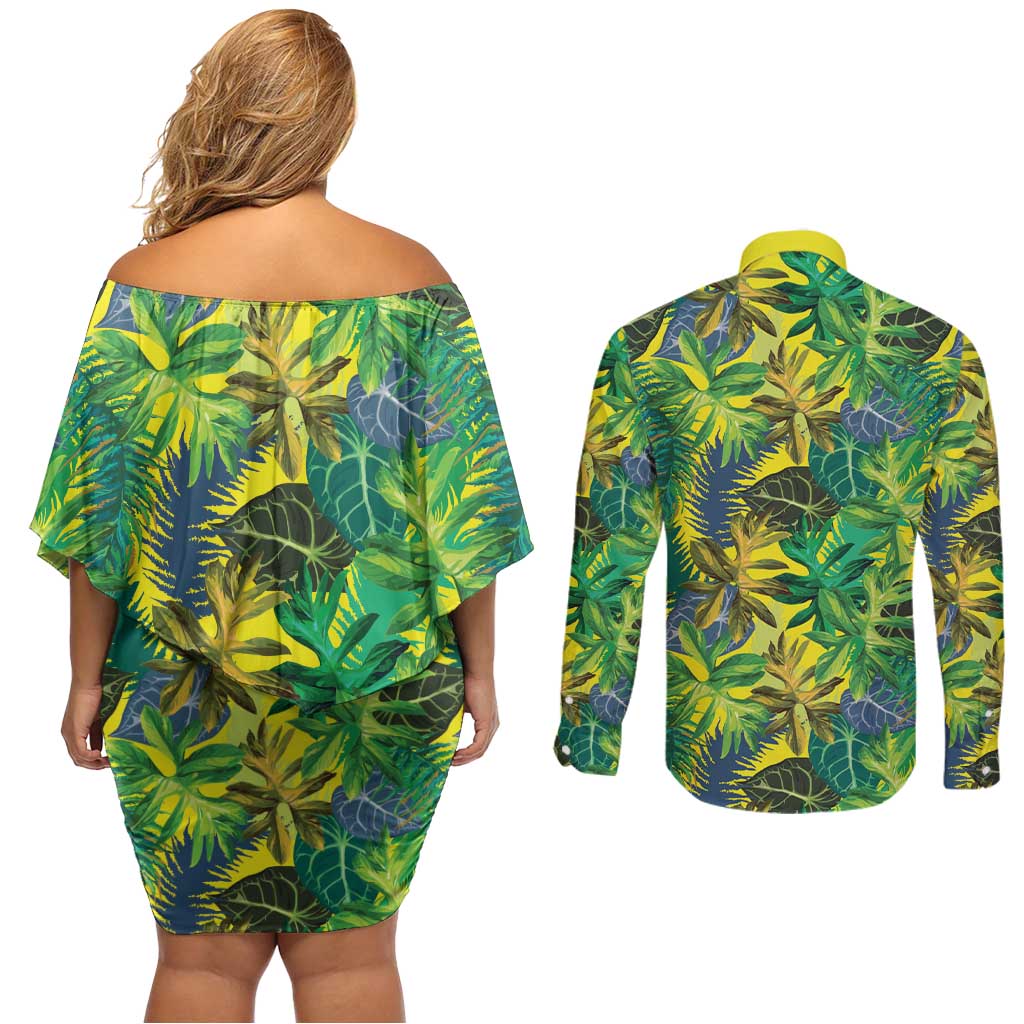 Hawaii Summer Tropical Leaves Couples Matching Off Shoulder Short Dress and Long Sleeve Button Shirt LT01 - Polynesian Pride