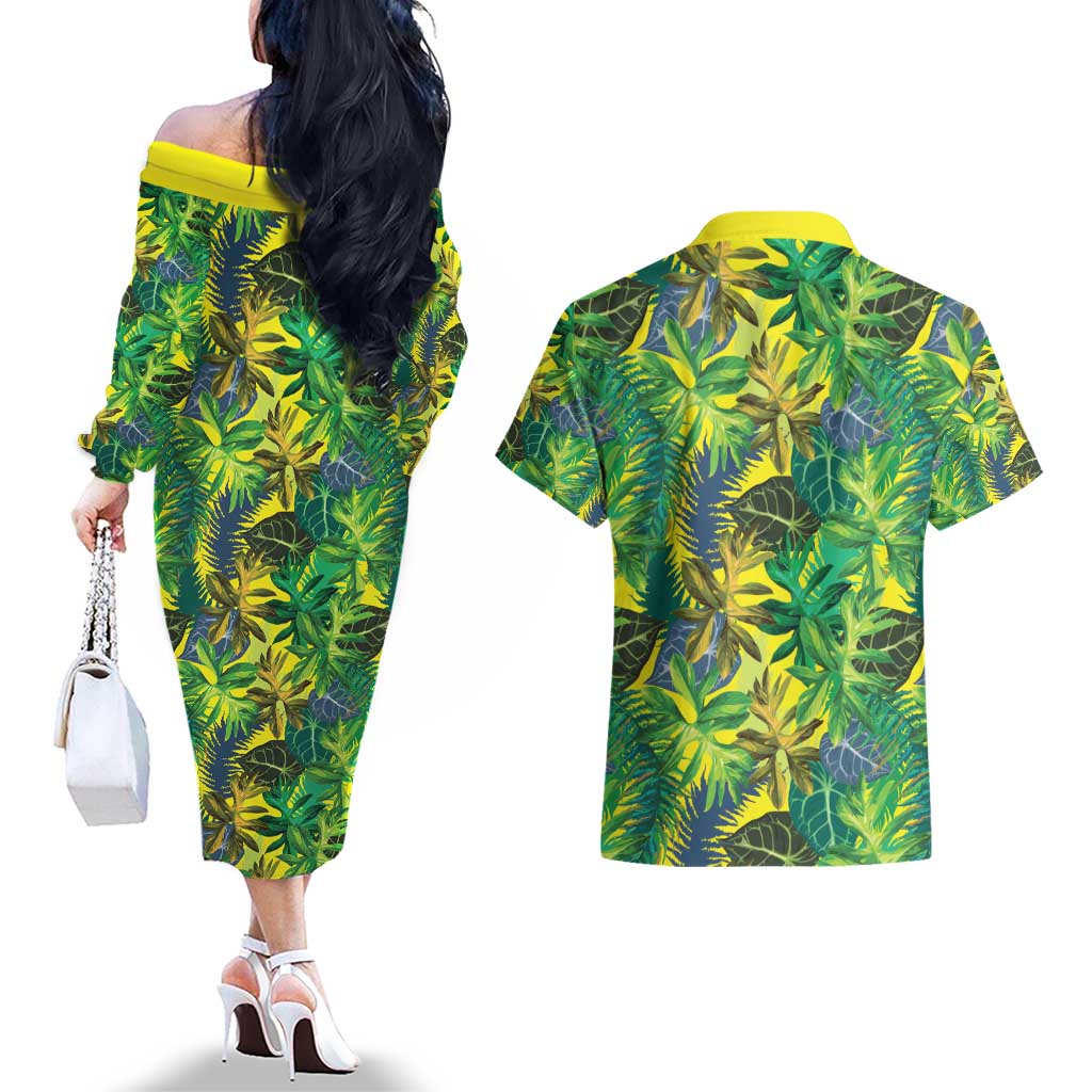 Hawaii Summer Tropical Leaves Couples Matching Off The Shoulder Long Sleeve Dress and Hawaiian Shirt LT01 - Polynesian Pride