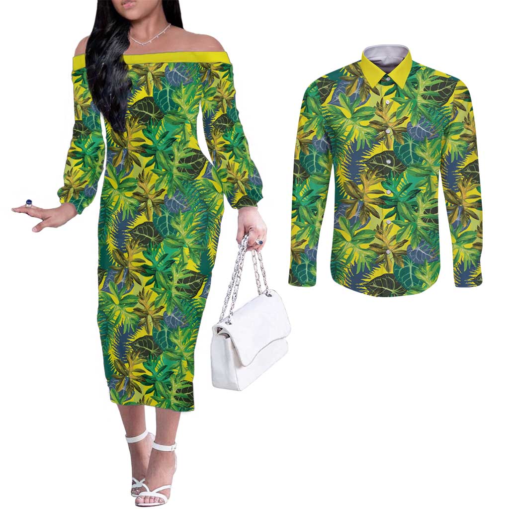 Hawaii Summer Tropical Leaves Couples Matching Off The Shoulder Long Sleeve Dress and Long Sleeve Button Shirt LT01 Yellow - Polynesian Pride