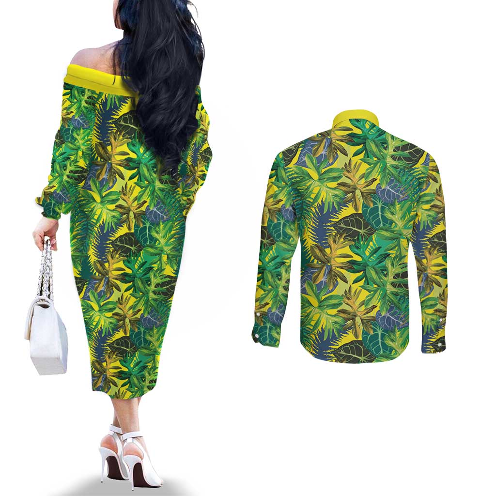 Hawaii Summer Tropical Leaves Couples Matching Off The Shoulder Long Sleeve Dress and Long Sleeve Button Shirt LT01 - Polynesian Pride