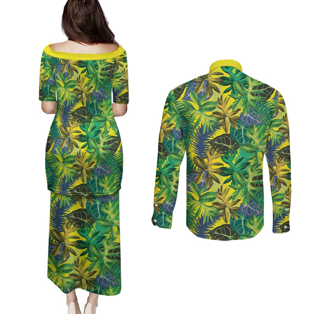 Hawaii Summer Tropical Leaves Couples Matching Puletasi and Long Sleeve Button Shirt LT01 - Polynesian Pride