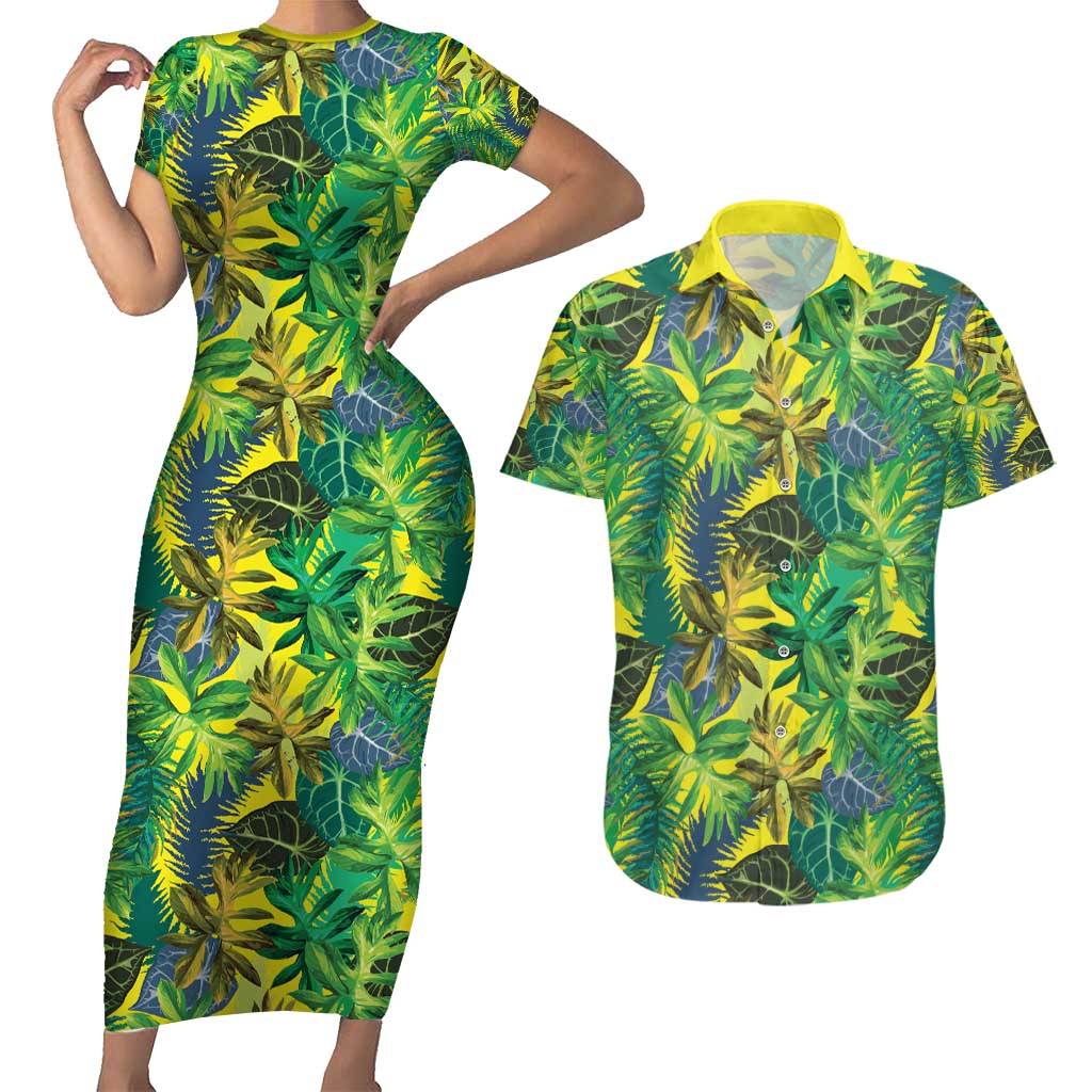 Hawaii Summer Tropical Leaves Couples Matching Short Sleeve Bodycon Dress and Hawaiian Shirt LT01 Yellow - Polynesian Pride
