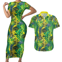 Hawaii Summer Tropical Leaves Couples Matching Short Sleeve Bodycon Dress and Hawaiian Shirt LT01 Yellow - Polynesian Pride