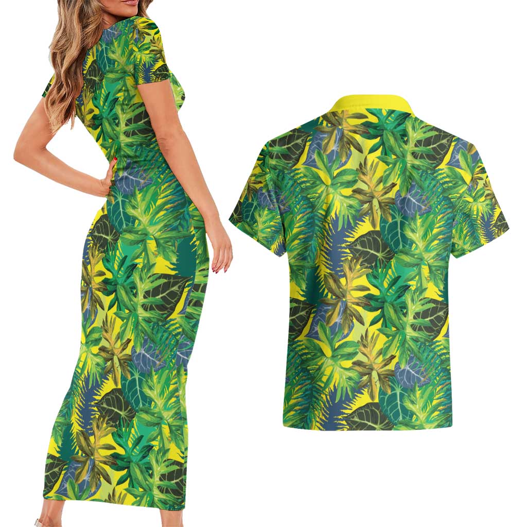 Hawaii Summer Tropical Leaves Couples Matching Short Sleeve Bodycon Dress and Hawaiian Shirt LT01 - Polynesian Pride