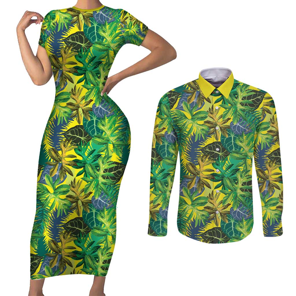 Hawaii Summer Tropical Leaves Couples Matching Short Sleeve Bodycon Dress and Long Sleeve Button Shirt LT01 Yellow - Polynesian Pride