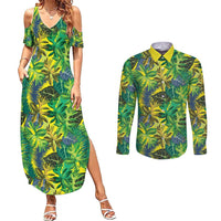 Hawaii Summer Tropical Leaves Couples Matching Summer Maxi Dress and Long Sleeve Button Shirt LT01 Yellow - Polynesian Pride