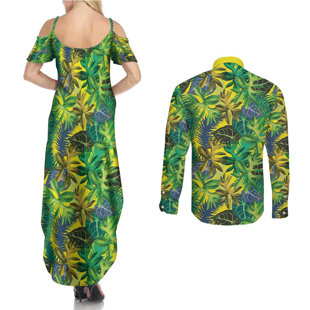 Hawaii Summer Tropical Leaves Couples Matching Summer Maxi Dress and Long Sleeve Button Shirt LT01 - Polynesian Pride