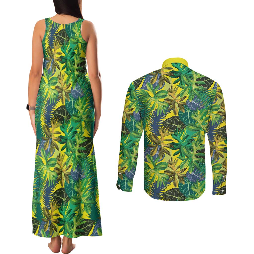 Hawaii Summer Tropical Leaves Couples Matching Tank Maxi Dress and Long Sleeve Button Shirt LT01 - Polynesian Pride